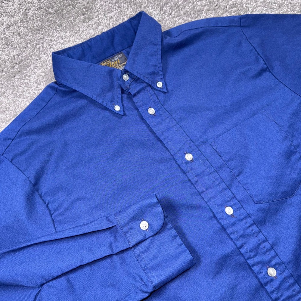 Vintage Sears Perma Prest Button Down Shirt Men Long Sleeve Blue Large EXCELLENT
